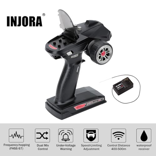 INJORA RC Transmitter 2.4GHz 6CH Controler and Receiver with Gyro Remote Inside Receiver for 1/8 1/10 RC Car Boat Tanks Crawler TRX4 SCX10 Upgrade Parts(T6FG) - size: with Gyro