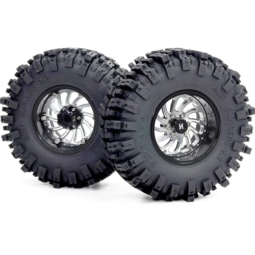 2.2 Beadlock Wheels and Tires Set, 124mm Tall 2.2 Mud Slingers Tires & Adjustable Offset 2.2 Wheels Rims for 1/10 RC Crawler Everest 10 SCX10 Capra Wraith Upgrades,HS701583 - color: Black & Silver