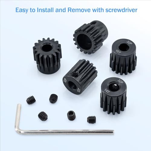 32P Metal Steel Gear Set 5mm Hole 13T 14T 15T 16T 17T Gear with Hex Key Screwdriver Hardened Motor Pinion Gear for Traxxas Arrma HSP HPI AXIAL Tamiya Losi 1/8 RC Car(5Pack) - size: 13T 14T 15T 16T 17T