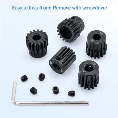 32P Metal Steel Gear Set 5mm Hole 13T 14T 15T 16T 17T Gear with Hex Key Screwdriver Hardened Motor Pinion Gear for Traxxas Arrma HSP HPI AXIAL Tamiya Losi 1/8 RC Car(5Pack) - size: 13T 14T 15T 16T 17T