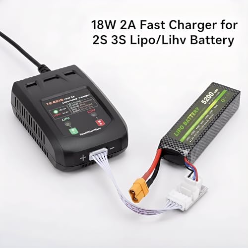 18W Fast LiPo Battery Charger, 2S 3S 4S RC Balance Charger Compatible with 7.4-14.8V LiPo & 8.7-17.4V LiHV Batteries, XH3P XH4P XH5P Connectors for FPV Drones, Airsoft Guns, RC Vehicles - size: LiPo Battery Charger