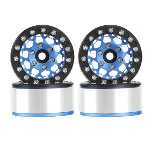 4PCS 1.55 Inch Aluminum Alloy Metal 10Holes Beadlock Wheel Rim Hubs Replacement Accessory for Tamiya AX90069 D90 TF2 CC01 CC02 1/10 RC Crawler Car Upgrade Parts(B-Black Blue) - color: B-Black Blue