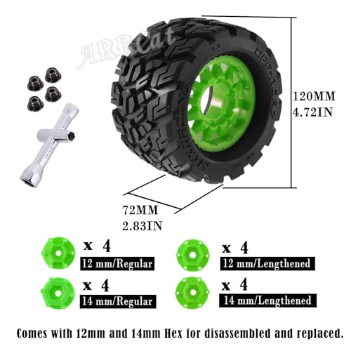 RC Truck Tires Wheel for 1/10 Big Rock Granite Vortek/Stampede Rustler Hoss/L0s1 Rc 4wd,ARRCat RC Wheels Tires 12mm/14mm Hex,Green - color: Green - Tires Wheel