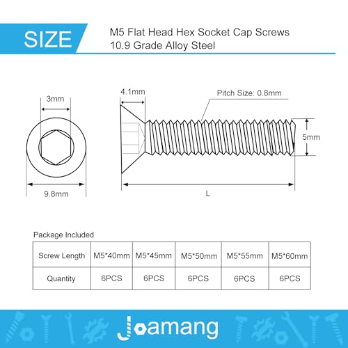 M5 x 40mm 45mm 50mm 55mm 60mm Flat Head Hex Socket Cap Screws, Countersunk Bolts, 10.9 Grade Alloy Steel, Black Oxide Finish, Metric Allen Hex Drive, Fully Threaded, Assortment Kit 30Pcs - size: M5 x 40/45/50/55/60 mm