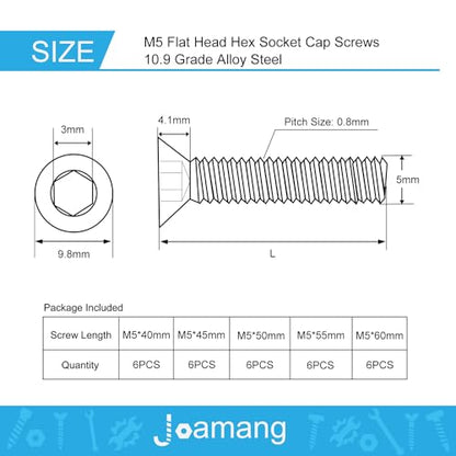 M5 x 40mm 45mm 50mm 55mm 60mm Flat Head Hex Socket Cap Screws, Countersunk Bolts, 10.9 Grade Alloy Steel, Black Oxide Finish, Metric Allen Hex Drive, Fully Threaded, Assortment Kit 30Pcs - size: M5 x 40/45/50/55/60 mm