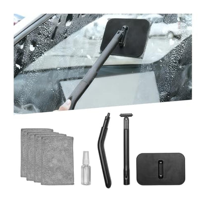Car Windshield Cleaning Tool, Vehicle Window Glass Cleaner with 4 Reusable Microfiber Pads & Extendable Handle, Automotive Interior Windscreen Wash Kit, Universal for Most Vehicles