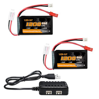SCX24 Battery 7.4V 1200mAh Lipo Battery 2S 35C(Burst 70C) with PH2.0 JST Plug with 1TO2 USB Charger Fit for SCX24 RC Car WLtoys A949 A959 A969 A979 K929 and Most 1/10 1/16 1/18 1/24 RC Truck