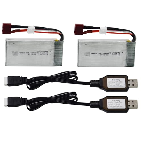 Blomiky 2 Pack 7.4V 1600mAh 12.58Wh 30C Lipo Battery with T Plug and USB Cables for 1:10 Scale 200E 9200 9200E 9205E 9206E RC Trucks