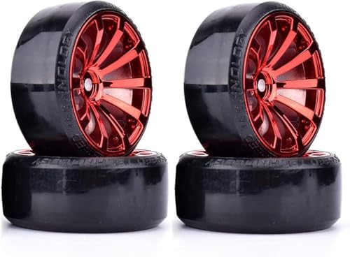 Hard Plastic 63mm Drift Car Tyres 12mm Wheels for 1/10th Scale HSP Tamiya HPI Kyosho TT02 Road Drift Car Hard Tyre Replacement, Set of 4 (Red) - color: Red