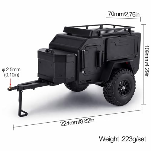 AMK 1/18 1/24 RC Crawler Trailer, Scale Off-Road Camping Trailer with Roof Rack & Storage Box, Tow Trailer for SCX24 TRX4M FCX24 AX24 Bronco Defender K10 F150 RC Accessories (Black) - color: Black
