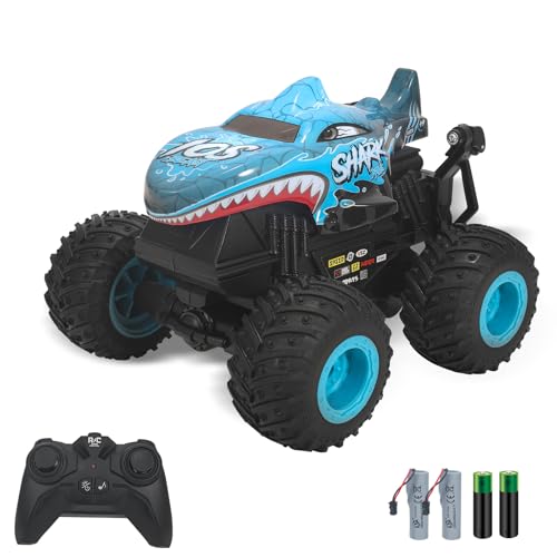 Remote Control Monster Truck – 2.4GHz RC Car with Lights and Music,360° Rotating Stunts Dancing,Dual Batteries,Off-Road Toy Truck, for Kids, Boys and Girls,Shark,Blue - color: Shark Blue
