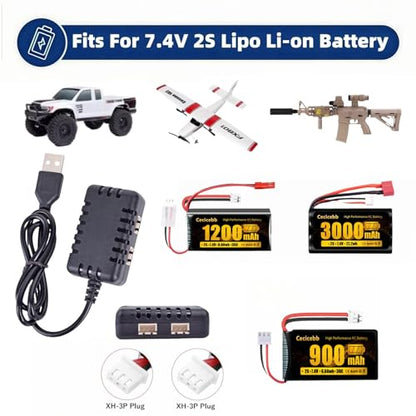 7.4V Lipo Battery Charger with XH-3P Connector USB Cable 2-in-1 Balance Chargers Fit for 2S Lipo Battery Axial SCX10 SCX24 SCX30 RC Car Truck Drone Boat Quadcopter Airsoft Battery