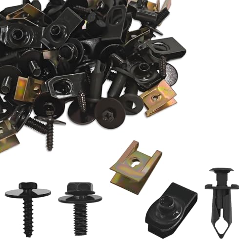 100PCS Car Screws and Bolts, Car Body Bolt Fender Liner Undertray Screw U-Nuts Clips Push Plastic Rivet Fasteners Kit for Engine Under Cover Splash Shield Guard Bumper, Bolt Retainer Clip Set