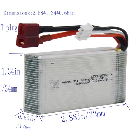 Blomiky 2 Pack 7.4V 1600mAh 12.58Wh 30C Lipo Battery with T Plug and USB Cables for 1:10 Scale 200E 9200 9200E 9205E 9206E RC Trucks