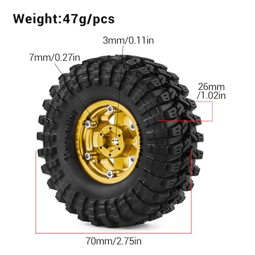 1.3" Wheels and Tires 70mm (2.76in) for SCX24 TRX4M 1/18 1/24 RC Crawler Upgrade Parts (Golden, 4Pcs) - color: golden-3
