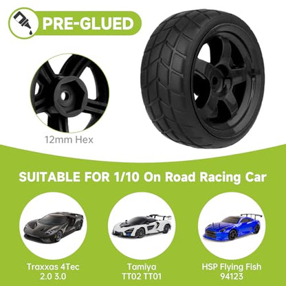 Pre-Glued OD 2.55" 12mm Hex Wheels Rims and Rubber Tires for Traxxas Tamiya HPI HSP Redcat RC 1/10 On Road Racing Car, Set of 4 (Color E) - color: Color E
