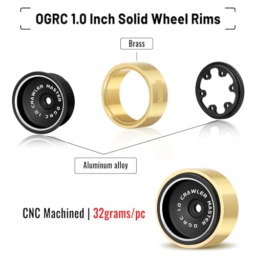 OGRC 32g 1.0 Aluminum Brass Beadlock Wheels for SCX24 AX24 TRX4M RC Car | 128g Total Weight, -3.78mm Offset, Solid Design, for Traxxas Axial Redcat 1/18 1/24 RC Crawler, Black - color: Black