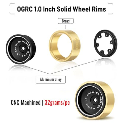 OGRC 32g 1.0 Aluminum Brass Beadlock Wheels for SCX24 AX24 TRX4M RC Car | 128g Total Weight, -3.78mm Offset, Solid Design, for Traxxas Axial Redcat 1/18 1/24 RC Crawler, Black - color: Black