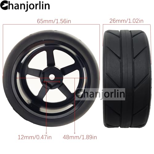 1/10 On Road Racing Tires and 5-Spoke Aluminum Wheels 12mm Hex OD 2.56" RC Touring Tyres for 1:10 Rally Street Drift Car Tamiya TT01 TT02 XV01 A959 PTG2 KYOSHO HSP Traxxas 4PCS (Black) - color: Black