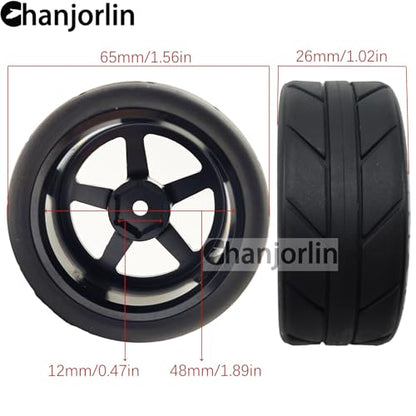 1/10 On Road Racing Tires and 5-Spoke Aluminum Wheels 12mm Hex OD 2.56" RC Touring Tyres for 1:10 Rally Street Drift Car Tamiya TT01 TT02 XV01 A959 PTG2 KYOSHO HSP Traxxas 4PCS (Black) - color: Black