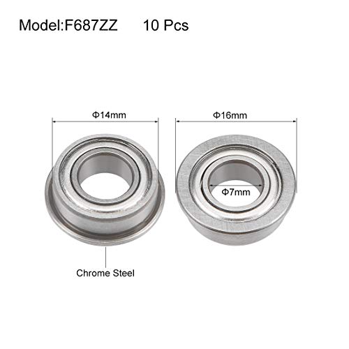 uxcell F687ZZ Flanged Ball Bearing 7x14x5mm Shielded Chrome Steel Flange Rip Bearings 10pcs - size: 7x14x5mm