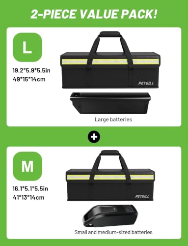 2-Pack (L & M Mixed Sizes) E-Bike Battery Safe Bag - Fireproof Explosionproof Lipo Bag for Ebike Battery Charging and Storage (L: 19.2x5.5x5.9 / M: 16.1x5.5x5.1) - size: L+M 19.2x5.5x5.9Inch+16.1x5.5x5.1Inch