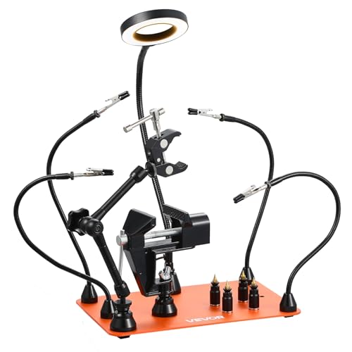 VEVOR Magnetic Helping Hands Soldering Station, 4 Arms Third Hand Tool, with Vise, 3X LED Magnifying Lamp, 4 PCB Holder & 360 Hot Air Gun Holder, Soldering Helper for Electronic Repair Craft Hobby DIY - style: with Heat Gun Holder and Vise