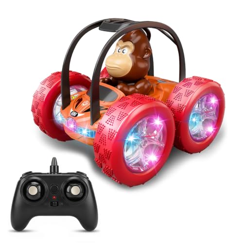 4WD RC Stunt Car for Kids Ages 3+, Orange Car with Gorilla | LED lights, built-in music, 360° spins, 180° flips, 2.4GHz remote, solid tires, indoor outdoor play - color: Orange