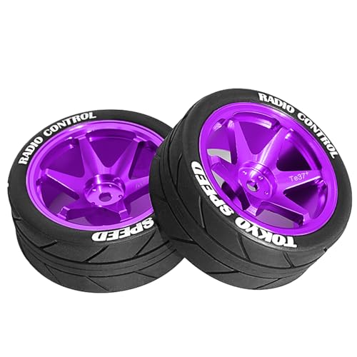 1/10 RC On Road Tires OD 65mm and Aluminum Street Wheels 12mm Hex Touring Tyres for 1:10 Rally Racing Drift Car Tamiya TT01 TT02 XV01 HPI KYOSHO HSP PTG2 Traxxas TA06 A959 PTG2 (Purple) - color: Purple
