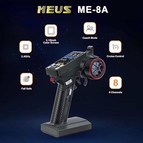 MEUS RACING ME-8A RC Transmitter 8 Channels 2.4GHz and Receiver with Coach Mode for 1/8 1/10 1/18 1/24 RC Crawler Car Boat TRX4 TRX4M SCX10 SCX24 Upgrades Parts (Black) - color: Black