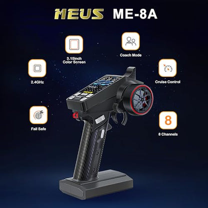 MEUS RACING ME-8A RC Transmitter 8 Channels 2.4GHz and Receiver with Coach Mode for 1/8 1/10 1/18 1/24 RC Crawler Car Boat TRX4 TRX4M SCX10 SCX24 Upgrades Parts (Black) - color: Black