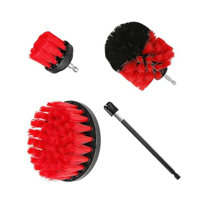 4PCS Drill Brush Attachment Kit with Extension Rod, Red | PP bristles with steel shafts, three brush sizes, quick-change extension rod, follows curved surfaces, compact storage - color: Red