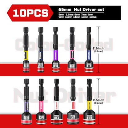 Impact Nut Driver Set, 10 Pieces 2.56 Inch Long 5mm to 13mm Magnetic Metric Nut Setter Set, 6 Point Alloy Steel Use 1/4” Hex Shank Impact Driver Stored in Portable Storage Cases for Repair - size: 2.56", style: 2.56"-M