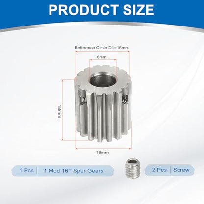 uxcell 1 Mod 16T Spur Gear 8mm Bore, 304 Stainless Steel Pinion Gear, 20°Pressure Angle, for Spur Rack and RC Model Car or Motor DIY - size: 1 Mod 16T, 8mm
