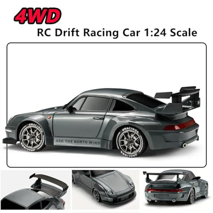 RC Drift Car, 1:24 Scale Remote Control Vehicle with LED Lights,Drifting Tires＆Two Batteries, Racing Sports Toy Idea Gift for Adults Boys Girls and Kids - color: Dark Gray