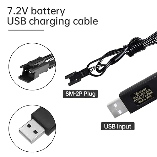 2PCS 7.2V 250mA USB Charging Cable with SM-2P Plug Connector for RC Excavators,Trucks,Tanks,Engineering Vehicles,RC Cars,Stunt Vehicles, 7.2V NiCd or NiMH or Lipo Battery USB Chargers