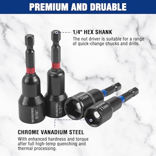 WORKPRO 27 PCS Magnetic Nut Driver Set with Quick-Release Extensions | Impact Drill Driver Bit 1/4" Hex Shank, SAE & Metric Cr-V Power Nut Drivers, Impact Socket Adapters, Bit Holder and Toolbox - size: 27PCS Magnetic Nut Driver Set