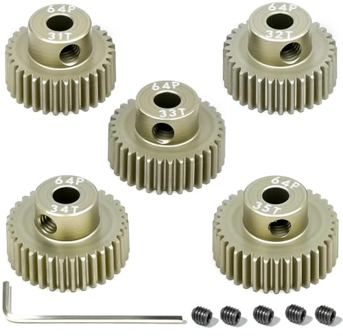 5Pcs 64P Aluminum Alloy Pinion Gear Set 3.175mm 31T 32T 33T 34T 35T Motor Pinion Gear W/ M4 Screw and Hex Key, Fit 3.175mm (1/8-Inch) Shaft, for Arrma HPI Kyosho Losi Axial Traxxas Tamiya 1/10 RC Car - size: 64P-3.175mm-31-35T