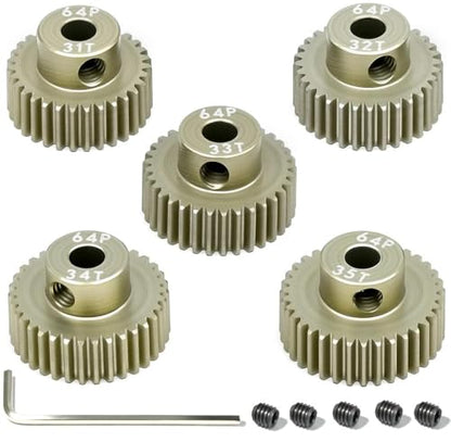5Pcs 64P Aluminum Alloy Pinion Gear Set 3.175mm 31T 32T 33T 34T 35T Motor Pinion Gear W/ M4 Screw and Hex Key, Fit 3.175mm (1/8-Inch) Shaft, for Arrma HPI Kyosho Losi Axial Traxxas Tamiya 1/10 RC Car - size: 64P-3.175mm-31-35T