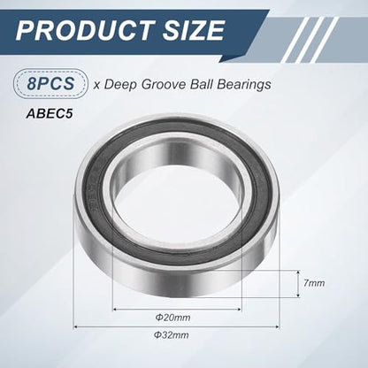 uxcell 8Pcs 6804 2RS 20mmx32mmx7mm Deep Groove Ball Bearings, Double Rubber Shielded Bearing Steel ABEC5 High Performance for Industrial Machinery Precision Transmission, Black - size: 6804 2RS 20mmx32mmx7mm