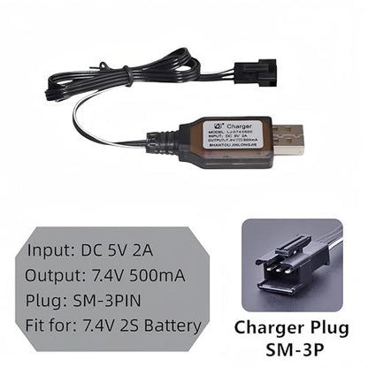 SM-3P Charger with SM-3PIN Plug for 7.4V 2S Lipo Battery RC Car RC Tank RC Boat Toys Universal 7.4V USB Charger Cable with Protection 2 Pack SM3P Charger