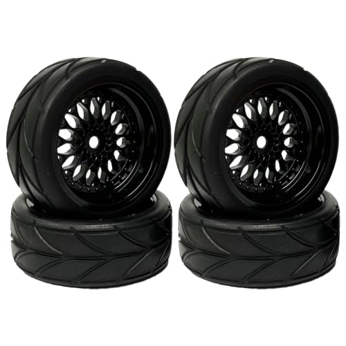 4PCS 64mm Rubber Tires and Plastic Wheel Rims Set 12mm Hex Replacement Part for Sakura Tamiya TT02 HPI HSP Kyosho 1/10 RC On Road Run-flating Touring Racing Car Tyre(Black,Offset:9MM) - color: Black, size: Offset:9mm