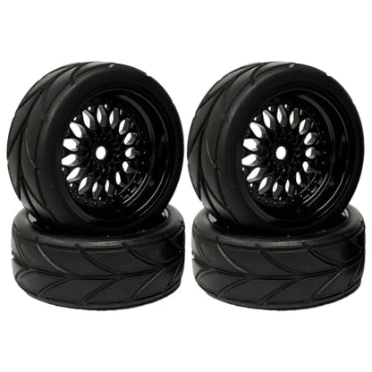 4PCS 64mm Rubber Tires and Plastic Wheel Rims Set 12mm Hex Replacement Part for Sakura Tamiya TT02 HPI HSP Kyosho 1/10 RC On Road Run-flating Touring Racing Car Tyre(Black,Offset:9MM) - color: Black, size: Offset:9mm