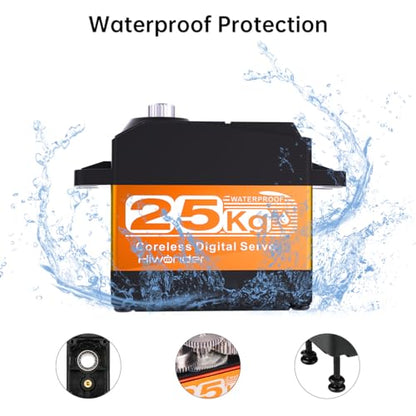 Hiwonder 25KG Servo Motor Waterproof High Torque Servo, High-Speed Coreless Motor Full Metal Gear Steering Servo for 1/6 1/8 1/10 1/12 RC Robot, with 25T Servo Horn, Control Angle 270°