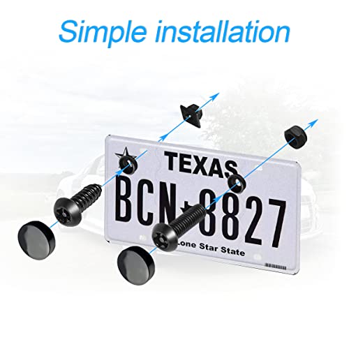 YALOK Anti Theft License Plate Screws Kits- Rustproof Stainless Steel Car Tag Plate Mounting Hardware, M6 (1/4") Tamper Proof Fastener Nut, Caps Cover for Front Rear Frame Holder Mounting（AT-Black/8）