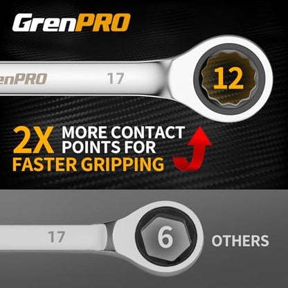 GRENPRO 23PC Ratcheting Combination Wrench Set SAE Metric Mechanic Tools | 1/4"-3/4"&6-18MM with Bolt Gauge, CR-V Steel 72-Tooth 5-Degree Swing 12Pt, Color Rings, Roll Pouch for Auto & Home Repair - style: 23PCS Ratcheting Wrench Set Metric&SAE With Color