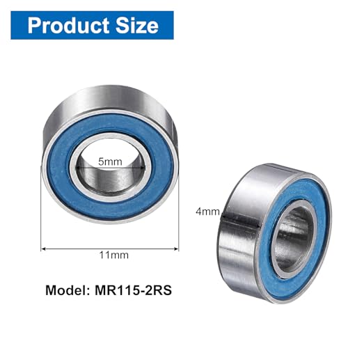uxcell 4 Pcs MR115-2RS Deep Groove Micro Bearing, 5x11x4mm Double Rubber Sealed Chrome Steel Small Bearings (ABEC5, Z4 Low Noise) - size: MR115-2RS