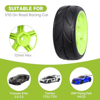 Pre-Glued OD 2.56" 12mm Hex Wheels Rims and Rubber Tires for Traxxas Tamiya HPI HSP Redcat RC 1/10 On Road Racing Car, Set of 4 (Color I) - color: Color I