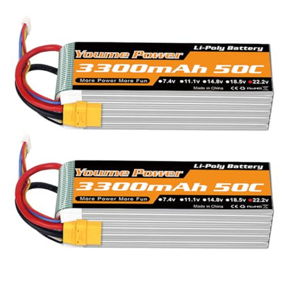 Yourme 6S LiPo Battery 22.2V 3300mAh 50C XT90 2Packs for RC Car Drone Boat | 2pcs 6S Lipo Soft Case 22.2V 3300mAh 50C XT90 Plug for RC airplane helicopter quadcopter drone truck boat, high performance - style: 2x 22.2V 3300mAh