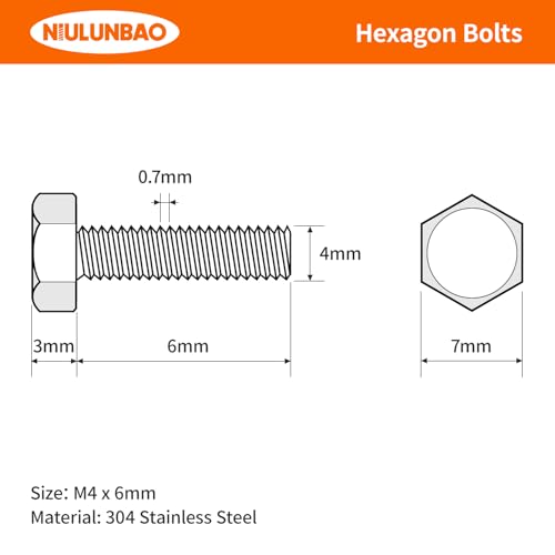 M4-0.7 x 6mm Heavy Duty Hexagon Bolts Hex Head Screws, 304 Stainless Steel, Metric Machine Fully Thread, Bright Finish, 100PCS - size: M4-0.7 x 6mm(100PCS)